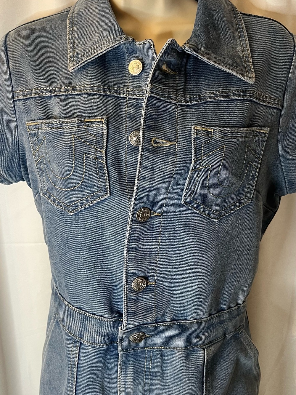 True Religion Medium Blue Denim Button-Front Mini Dress - Picture 4 of 16